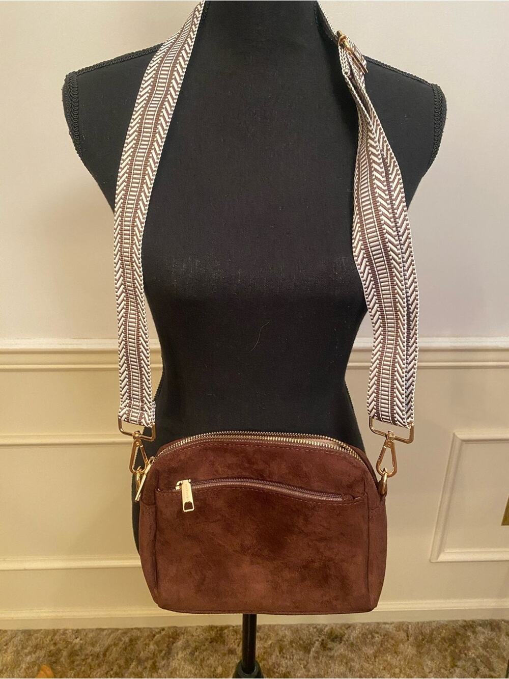 Bostanten Brown Suede Crossbody Shoulder Bag with Removable Patterned Strap